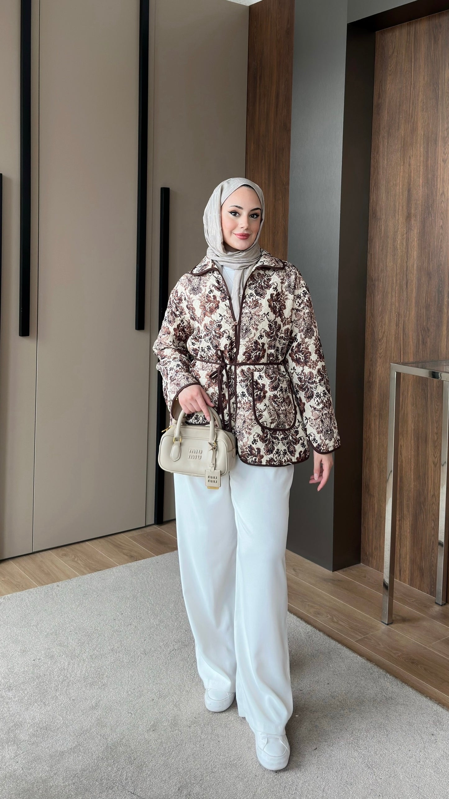 Etnik Desenli Kapitone Ceket Kahverengi