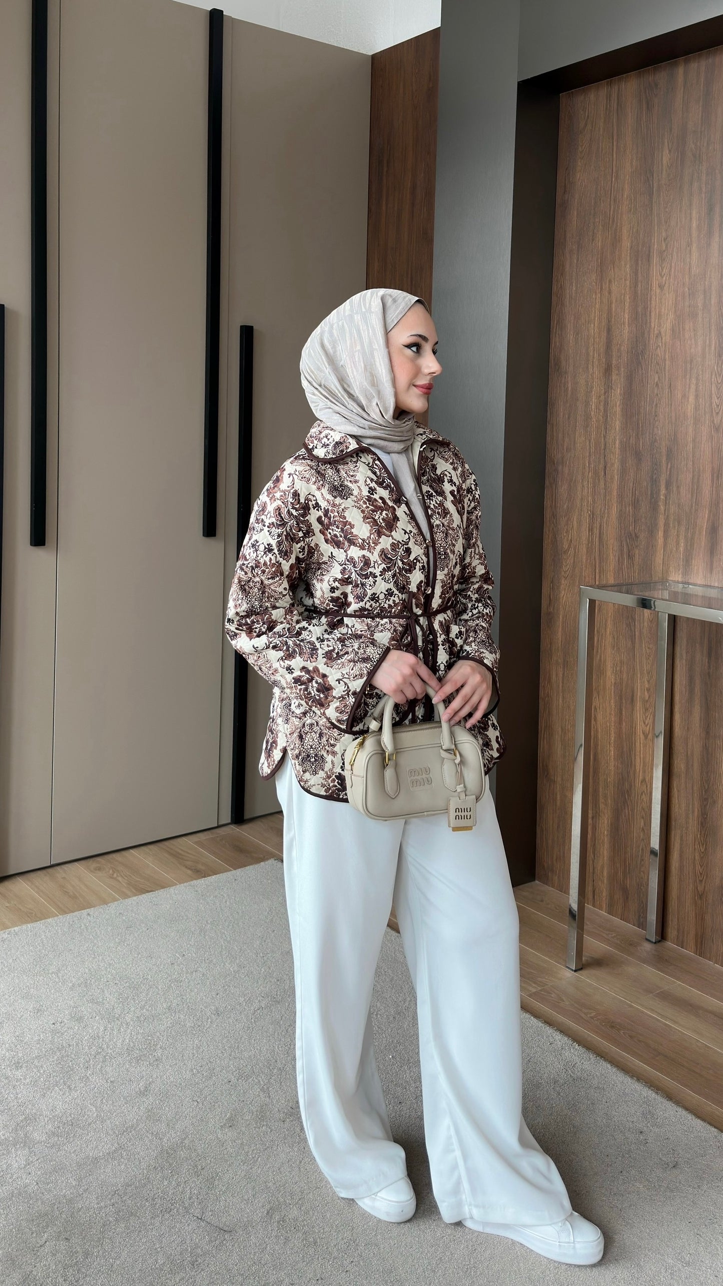 Etnik Desenli Kapitone Ceket Kahverengi