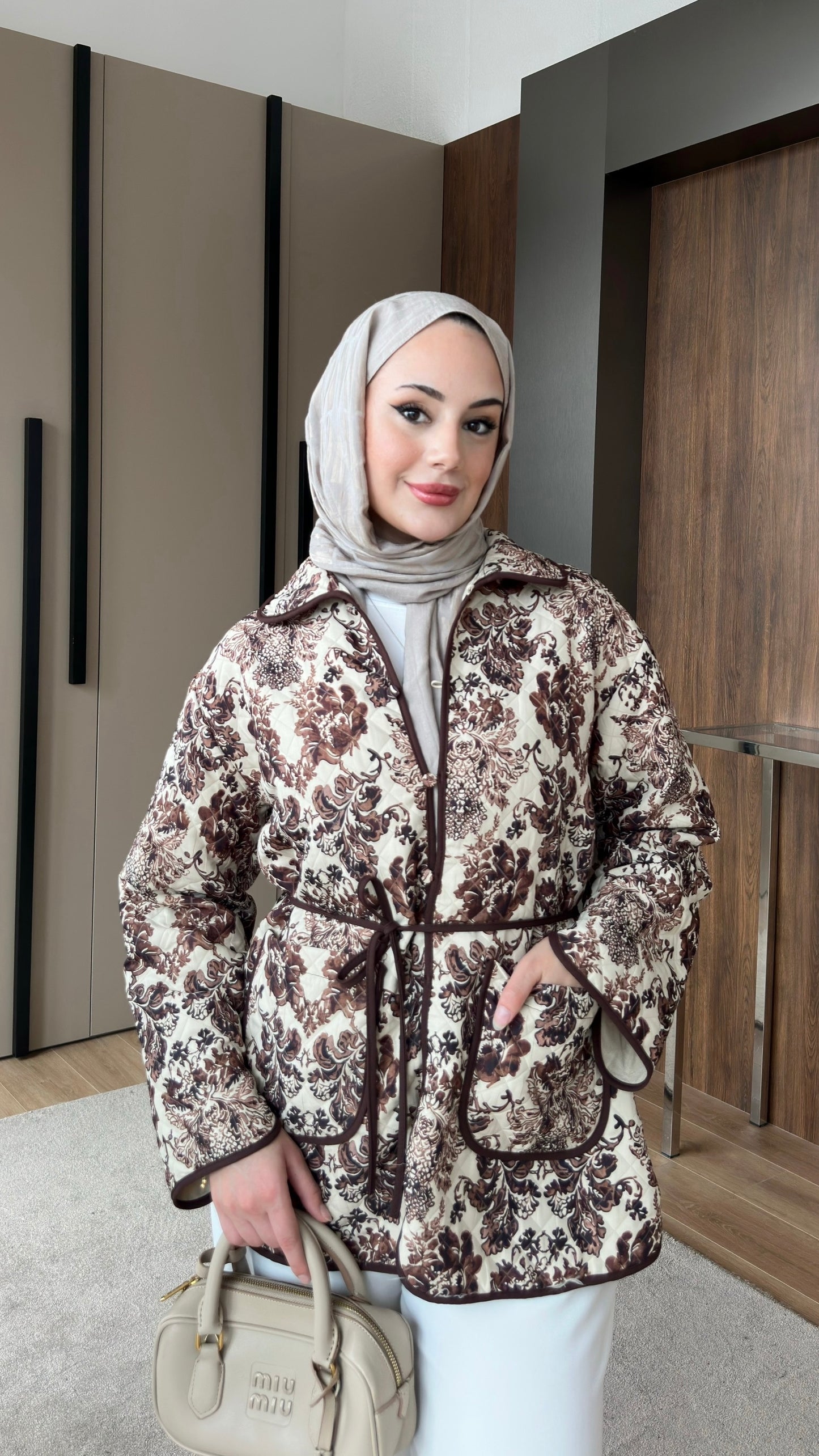 Etnik Desenli Kapitone Ceket Kahverengi