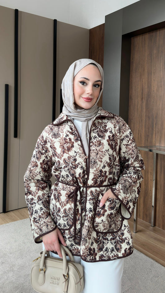 Etnik Desenli Kapitone Ceket Kahverengi