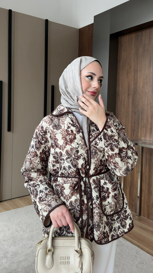 Etnik Desenli Kapitone Ceket Kahverengi