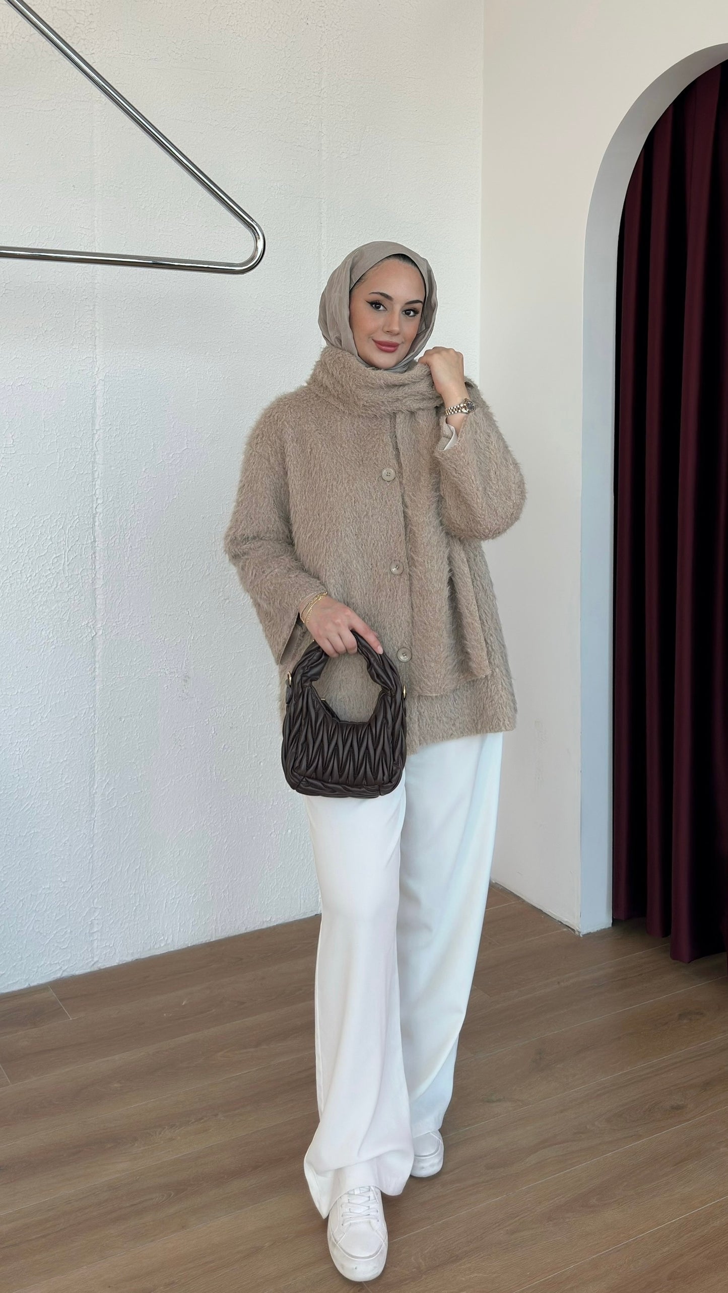 Saçaklı Atkılı Ceket Vizon