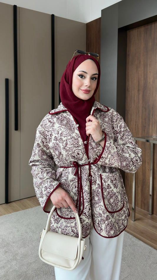 Etnik Desenli Kapitone Ceket Bordo