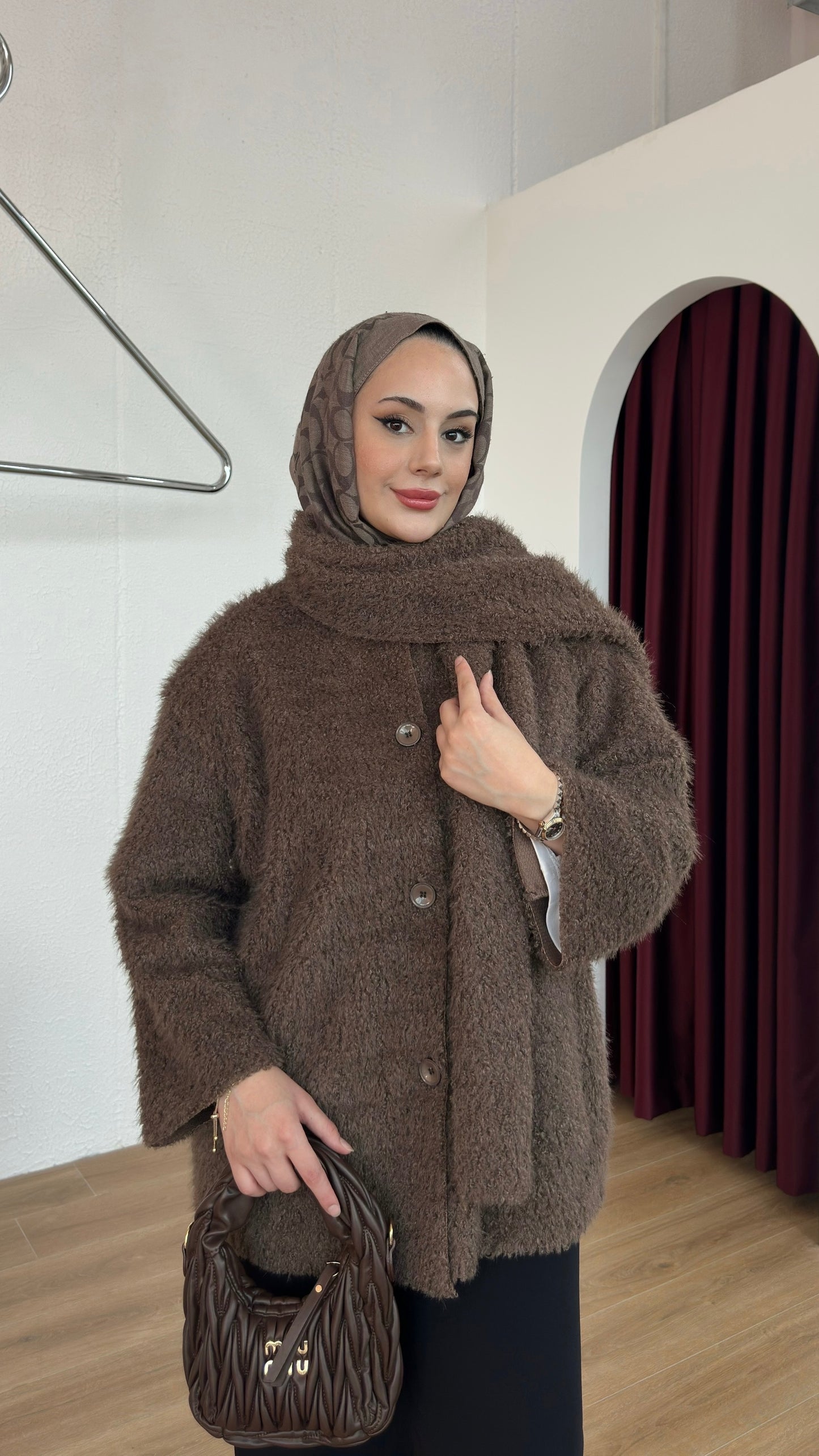 Saçaklı Atkılı Ceket Kahverengi