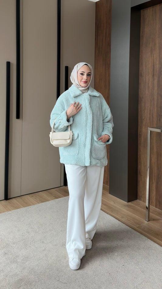 Kolları Kemer Detaylı Peluş Ceket Su Yeşili